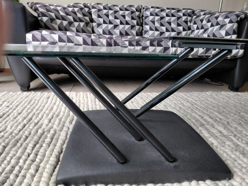 Mesa de centro de cristal con tablero móvil. – salontafels, Glass, Iron