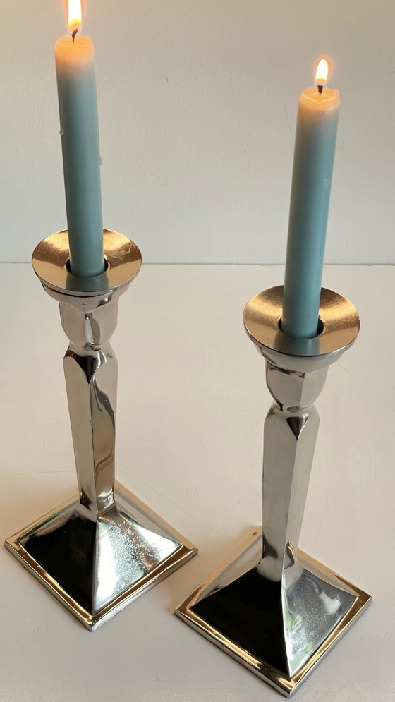 Image 1 of Coppia di candelieri vintage in fusione di alluminio cromato