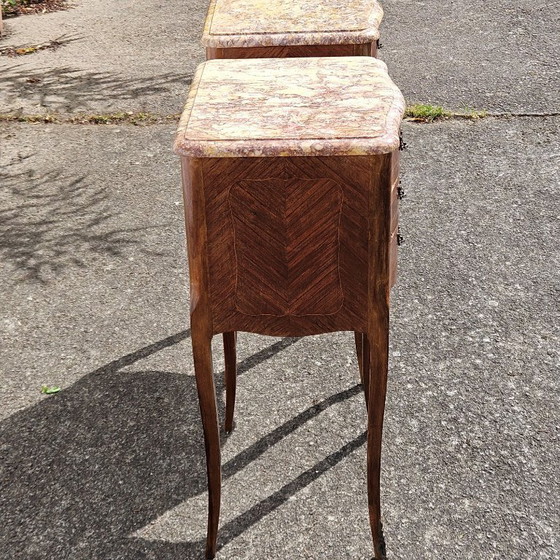Image 1 of Chateau de Ligny - Pair of 2 French Vintage Marquetry Nightstands-Set of 2 Marble & Wood Bedside Tables-Style Louis XV - 50s