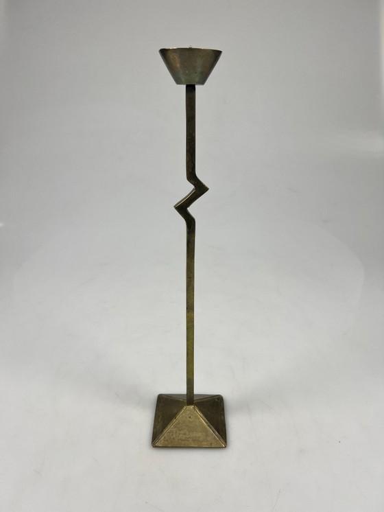 Image 1 of Vintage Zig Zag Candlesticks, Set of Two, Brass, Memphis Style, 1980s