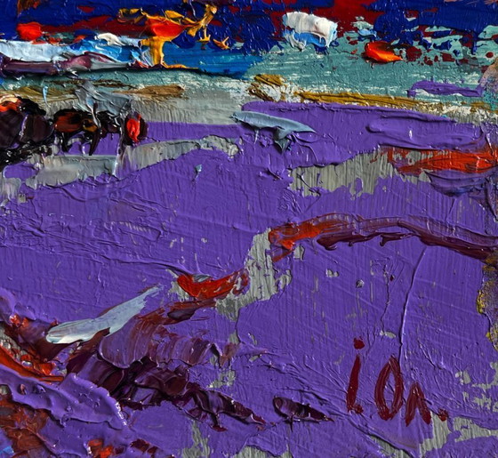 Image 1 of Original Oil Painting Sunset Village Landscape Crimson winter evening