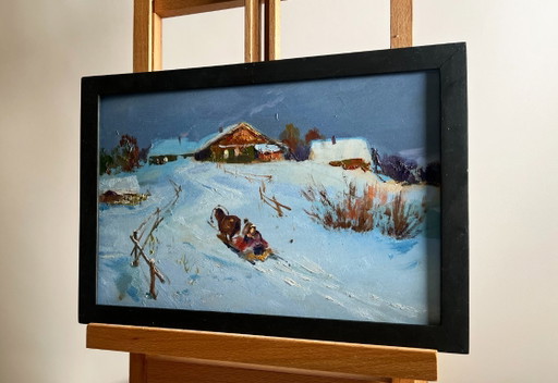 Original Oil Painting Winter Village Landscape Cozy winter evening