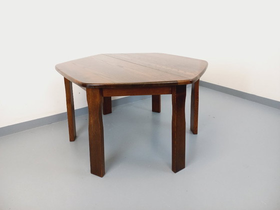 Image 1 of Vintage brutalist hexagonal oak dining table from the 1950s with extension