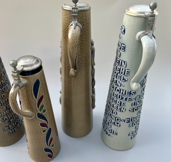 Image 1 of Lot de 4 chopes à bière vintage originales en grès avec couvercles en étain – König / GERZ – Allemagne, années 1970-1980