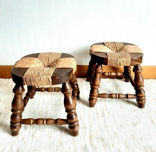 2x Low wood and straw stools 1950 Dudouyt style