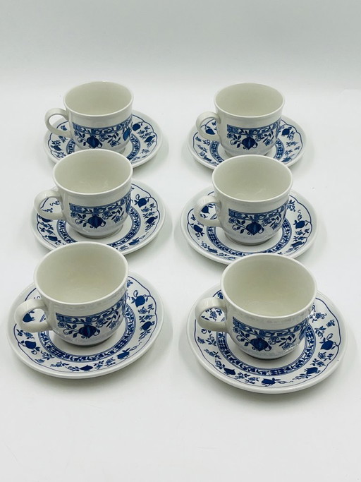 Set van 6 Biltons England kopjes en schotels, met blauwe uiendecoratie.