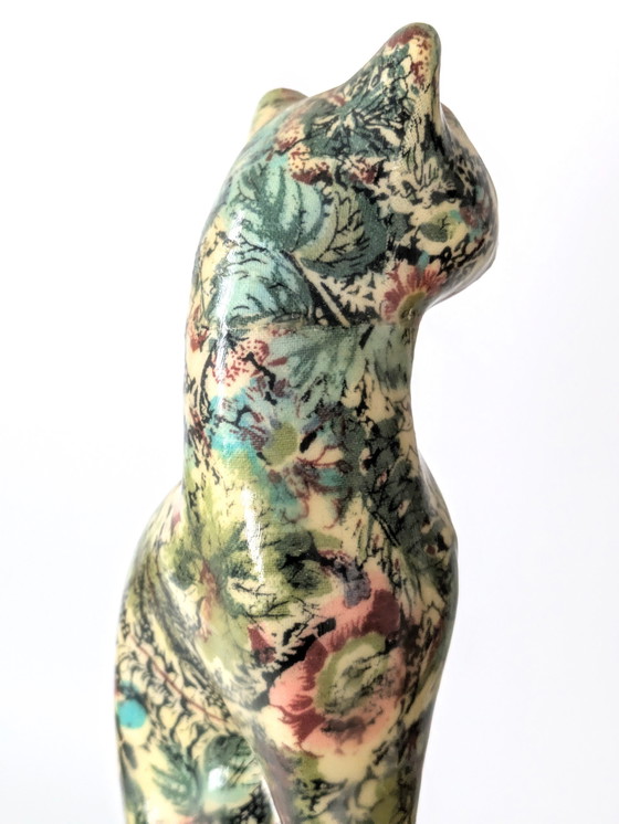 Image 1 of Papier Mâché Cat | Floral Decoupage Figurine | Vintage