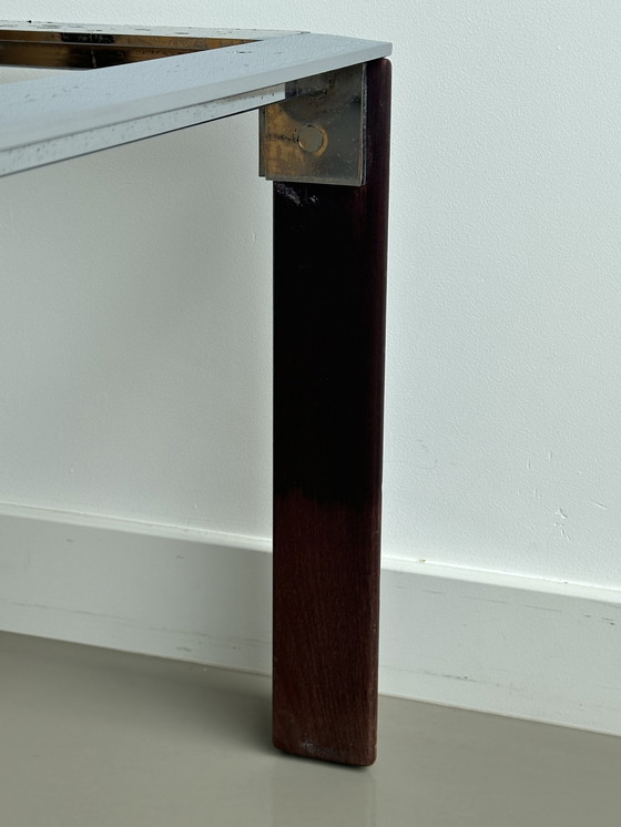 Image 1 of Table basse vintage en marbre métal chrome bois carré 70's