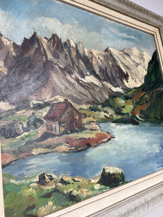 Image 1 of Vintage Alpine Lake Chateau: Gilded Masterpiece by E. Cools (1960)
