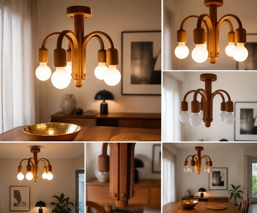DOMUS Candela Ceiling Light Type 3455 – 5-Light Solid Teak Flush Mount – Mid Century Scandinavian Design – plafondlampen