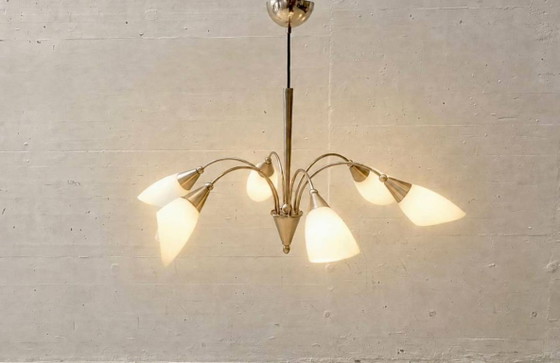 Vintage Kroonluchter met zes tulpvormige glazen kappen, jaren 60 – Glass (photo 11 of 11)