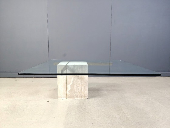 Image 1 of Couchtisch aus Travertin und Messing von Artedi, 1980er Jahre