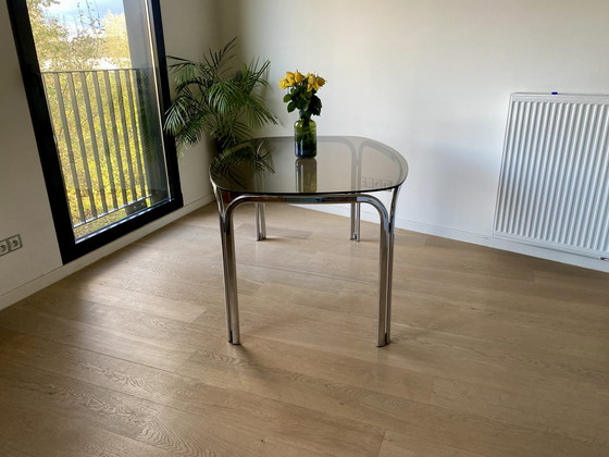 Image 1 of Vintage Space Age Dining Table With Chrome Tube Frame & Smoked Glass