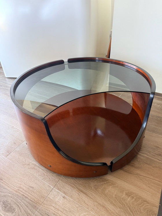 Italian Space Age Coffee Table – Smoked Glass & Curved Wood – 1970s (photo 3 of 15)
