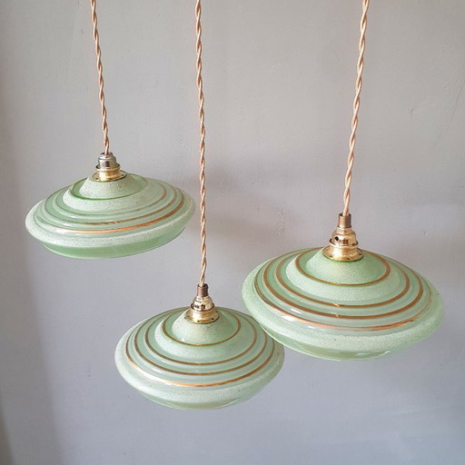 Set of 3 Antique Pendant Lights of Opaline Glass in Green, with Crushed Glass and Gold Decoration (photo 2 of 20)