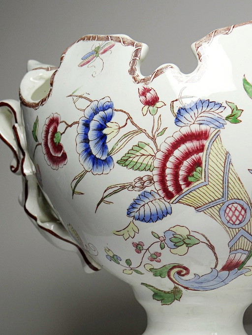 Grand centre de table, ancienne faïence polychrome Gien, Longchamp ou Rouen