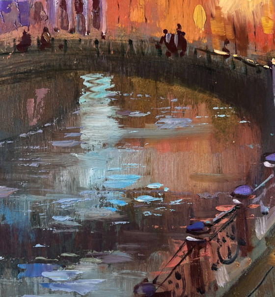 Image 1 of Original Oil Painting Evening Bridge Landscape Streets of the city at night