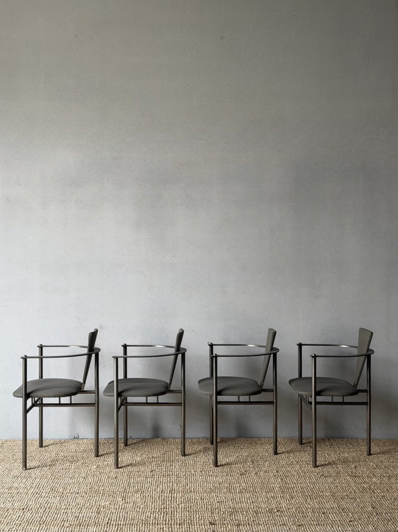 6 x Philippe Starck Voor Belgochrom Stoelen, Eetkamerstoelen, Metaal, Skai, Grijs (foto 2 van 7)