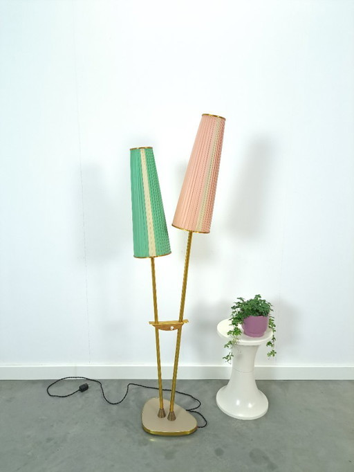 1950s floor lamp with pink and green shade and gold legs