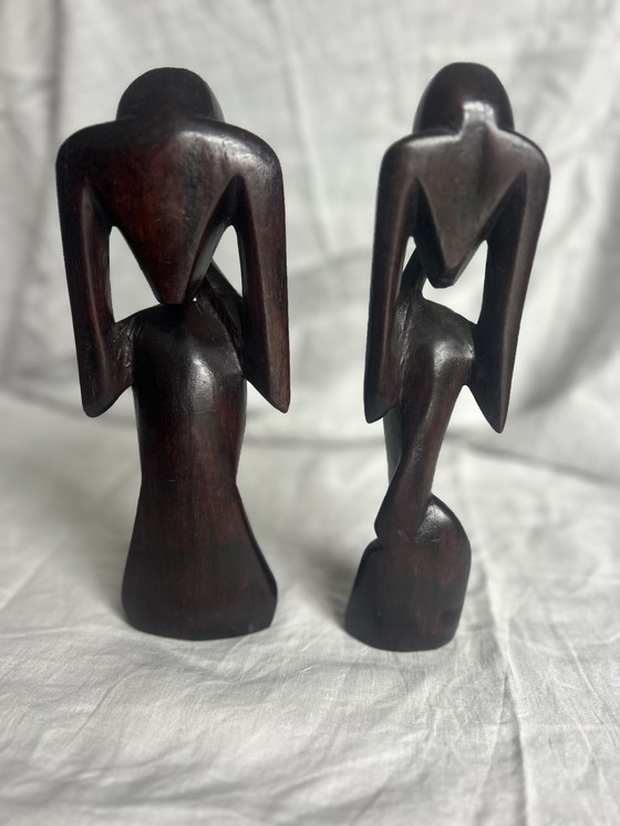 Image 1 of Houten beeld koppel seventies 70 de denker abstract