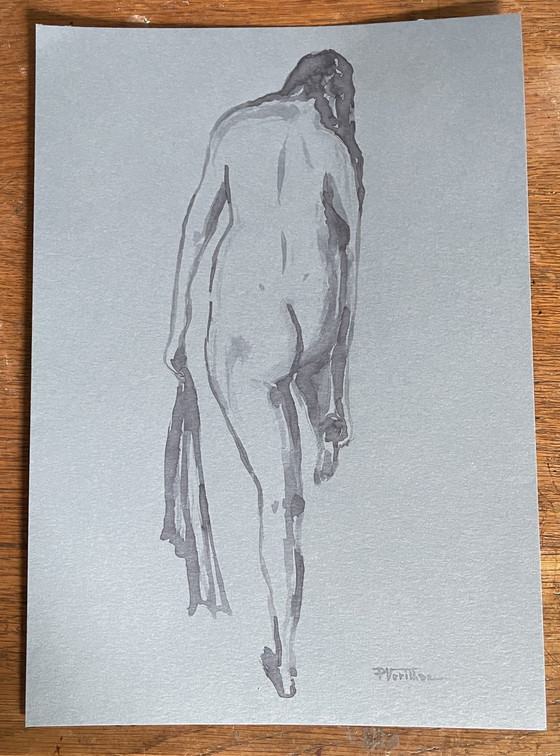 Image 1 of Ritratto femminile acquerello monocromatico su carta denim