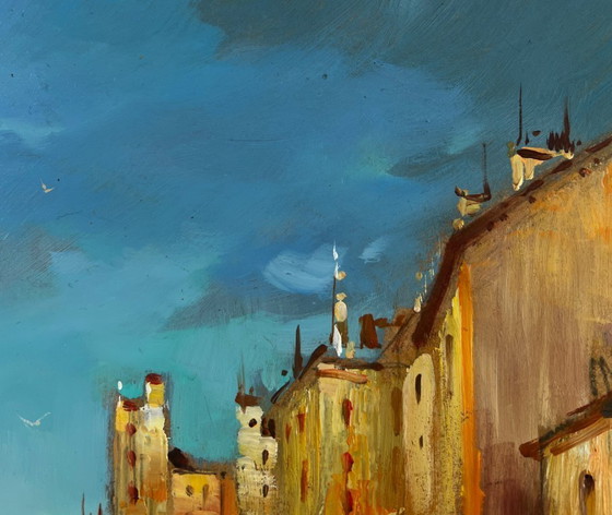 Image 1 of Original Oil Painting Evening River Landscape City on the water
