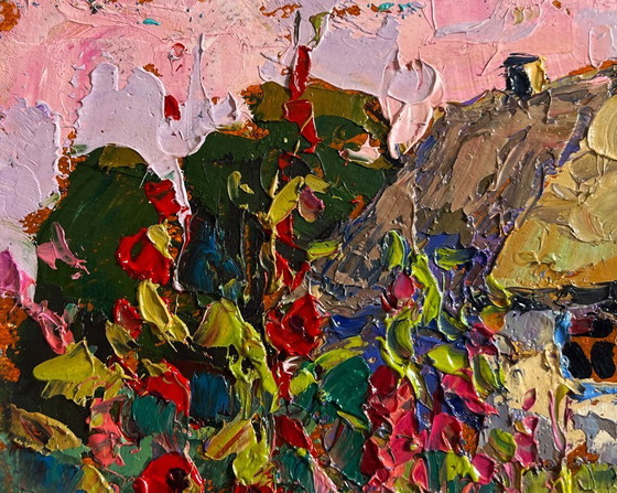 Image 1 of Original Oil Painting Summer Flowers Landscape Mallows are blooming in the garden