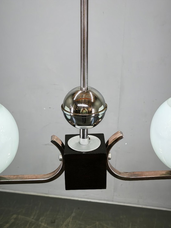 Image 1 of Art Deco Chrome and Opaline Glass Chandelier, Czechoslovakia, 1930s