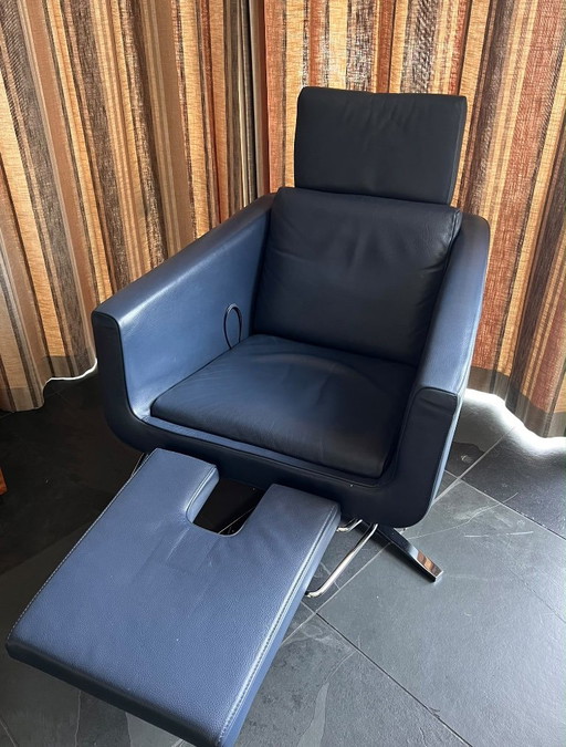 Two FSM Pavo Chairs Blue, One Recliner And One Fixed Version.