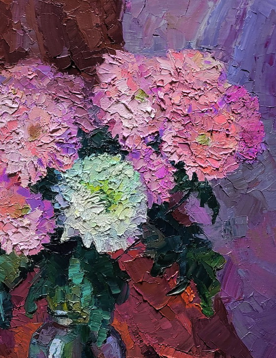 Original Oil Painting Autumn Floral Still Life Bouquet of Chrysanthemums – Paintings & Drawings, Canvas (photo 5 of 7)