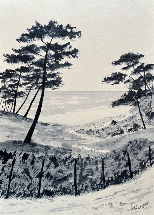 Inkt op papier, 30x21 cm. Ingelijst.