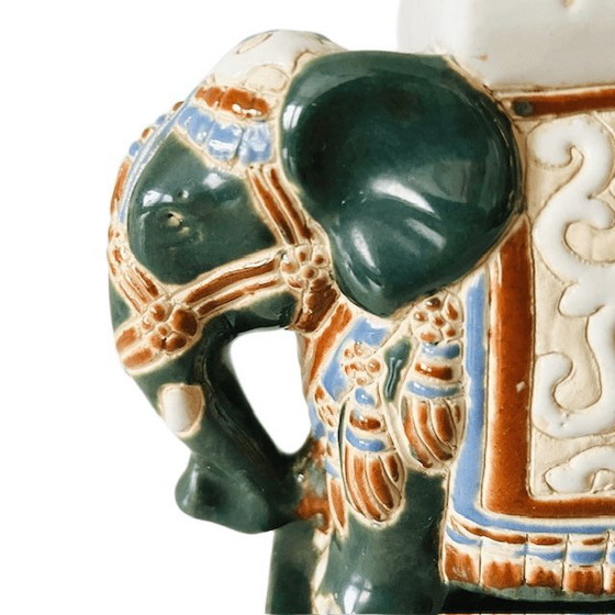 Image 1 of Portavasi vintage in ceramica verde a forma di elefante orientale, stile boho anni '70