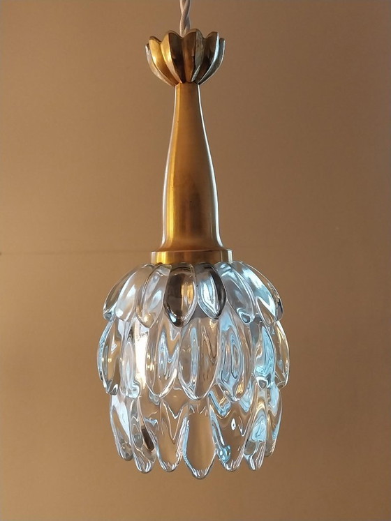 Suspension vintage italienne verre et laiton, Italiaans ontwerp, Métal, Transparent (photo 2 sur 9)