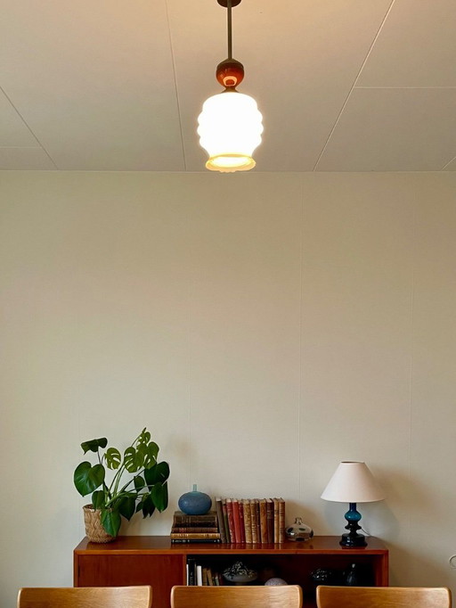 Vintage Opaline Glass Pendant Lamp, 1970s–80s — Eastern European Design with Brass, Ceramic & Frosted Glass