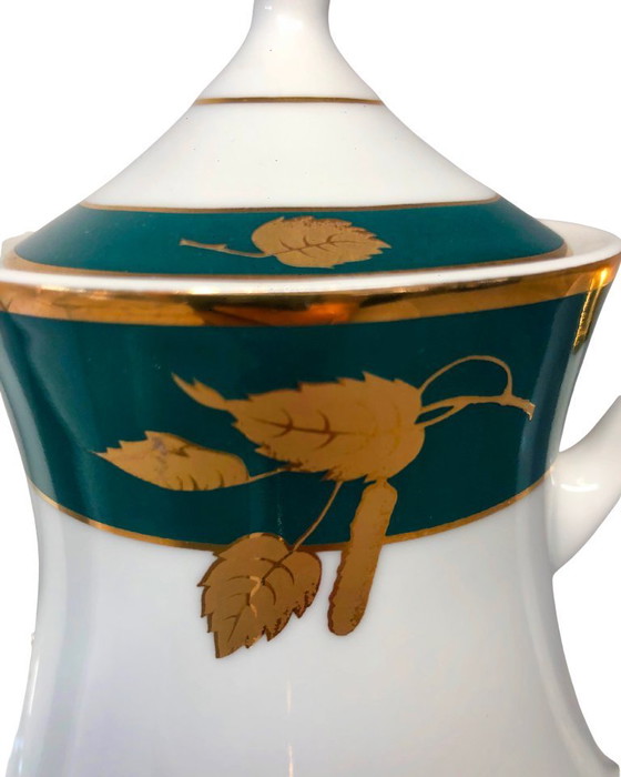 Image 1 of Juego moderno de tetera y lechera de porcelana Thun Carlsbad - Diseño en verde y hojas de oro