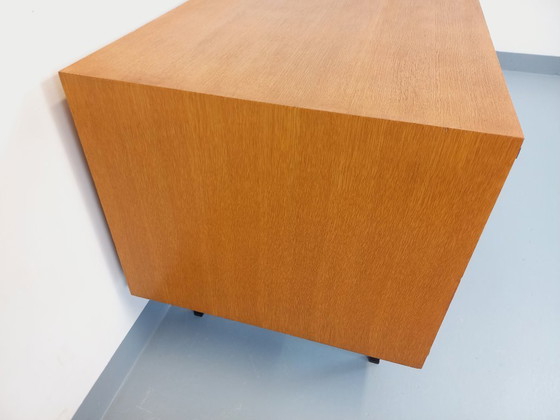 Image 1 of Bureau moderniste vintage Multitable par Jacques Hitier en bois de chêne et métal noir des années 50 60