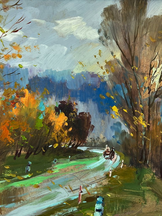 Image 1 of Peinture à l'huile originale représentant un paysage naturel, une route et un temps d'automne en forêt.