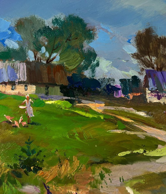 Image 1 of Original Oil Painting Summer Village Landscape Morning With Cows In Rustic