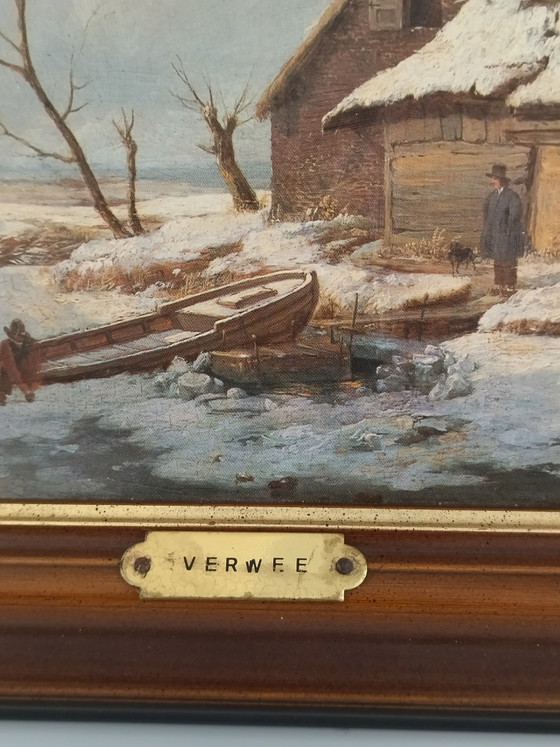 Charmante vintage reproductie van het schilderij "Hollandse winterscène" naar een werk van A.G. Jacobsen. (photo 4 of 15)