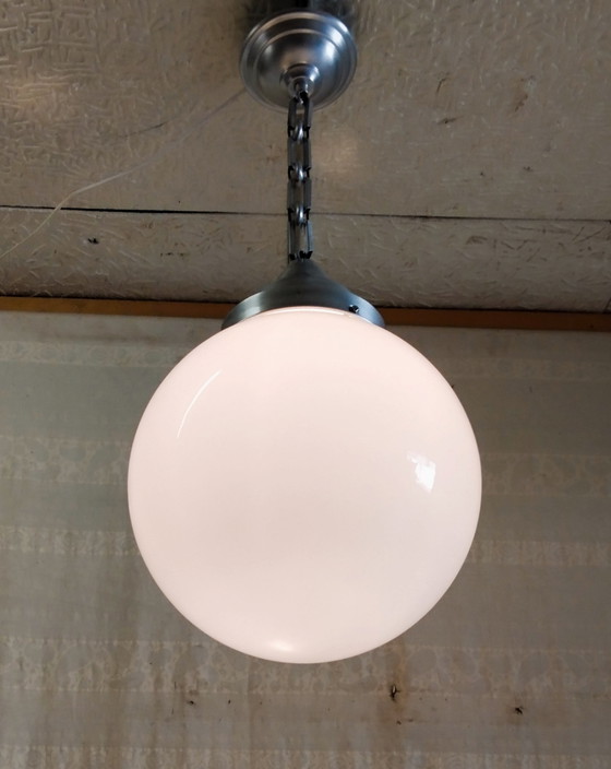 Image 1 of XXL opal glass globe industrial pendant light - 1940s/50s