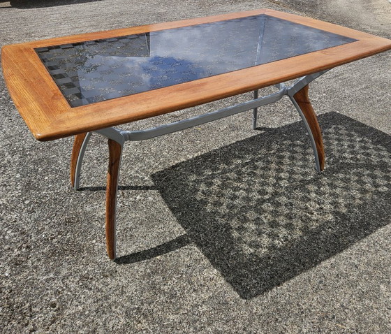 Image 1 of Italiaanse eettafel van glas, hout en metaal - Italiaanse design eettafel - jaren 80