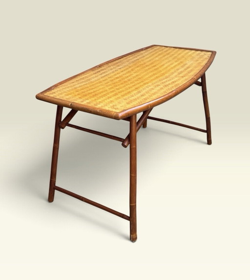 Table de campagne vintage en bambou | Pliable, Plateau en forme de bateau | Années 60-70