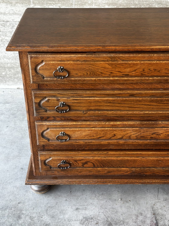 Vintage ladekast van eikenhout en fineer met 4 lades – Commode rustique, Ladekasten, Wood, Metal (photo 3 of 6)