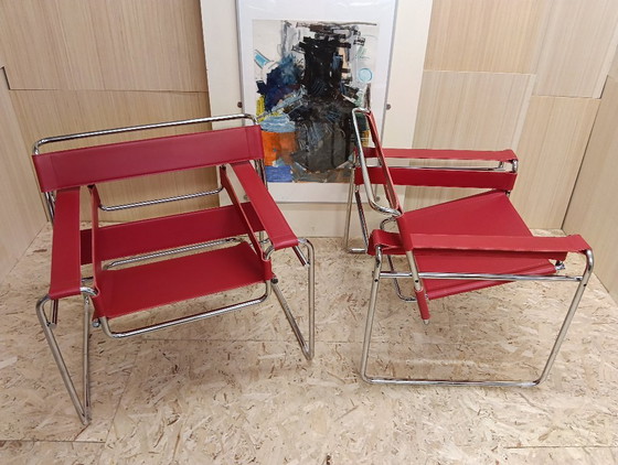 Image 1 of KNOLL Studio Set van 2 WASSILY B3 fauteuils (NIEUW) in rood leer