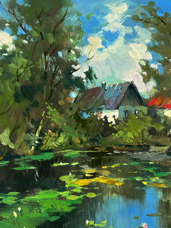 Image 1 of Peinture à l'huile originale représentant un paysage naturel, une campagne, un village et un lac derrière les arbres.
