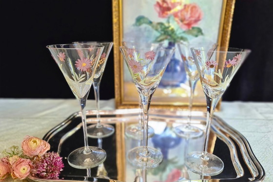 Image 1 of 6x Theresienthal meesterglas glazen op hoge steel, met goud, roze en lindegroen