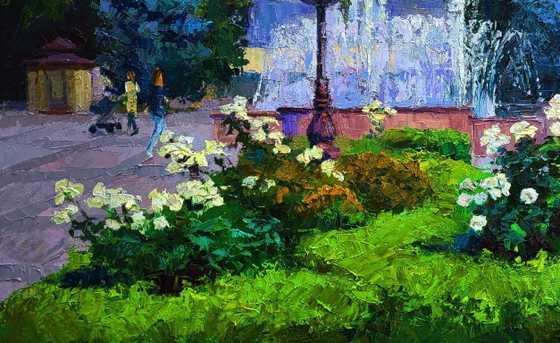 Image 1 of Origineel olieverfschilderij Stadsgezicht Zomer Stadsplein met fonteinen