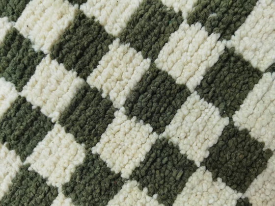 Image 1 of Handmade Moroccan wool rug: 300/70 cm abstract olive green checkered hallway runner