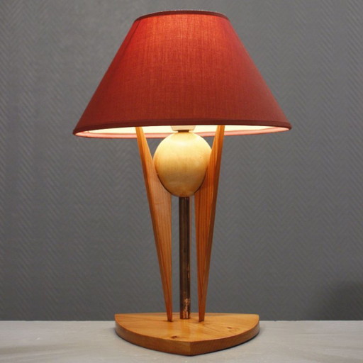 Lampada da tavolo vintage in stile modernista Art Déco degli anni '50, in pino e metallo