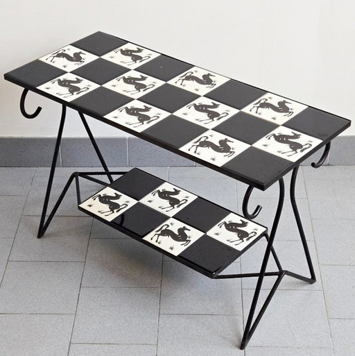 Vintage keramische bijzettafel uit de jaren 50 met paardenmotief, in rockabillystijl uit de jaren 50.